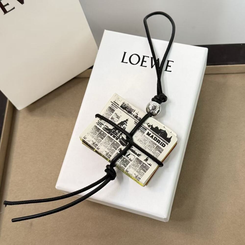 Loewe Newspaper Print Mini Book Bag Charm Pendant Leather Cord
